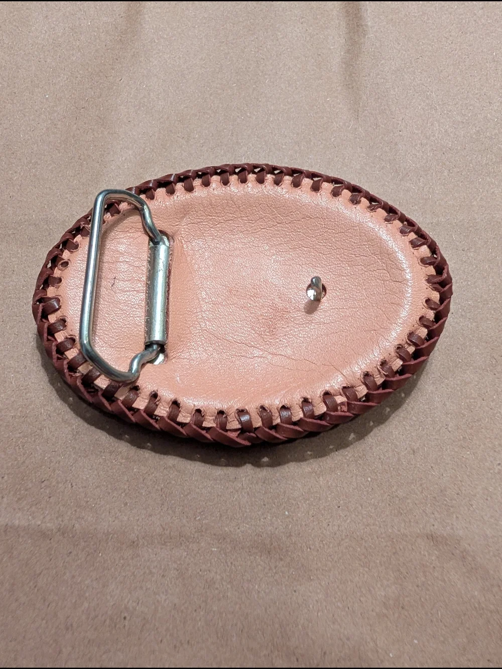Hand-Tooled Leather Belt Buckle with Horned Animal - Brown